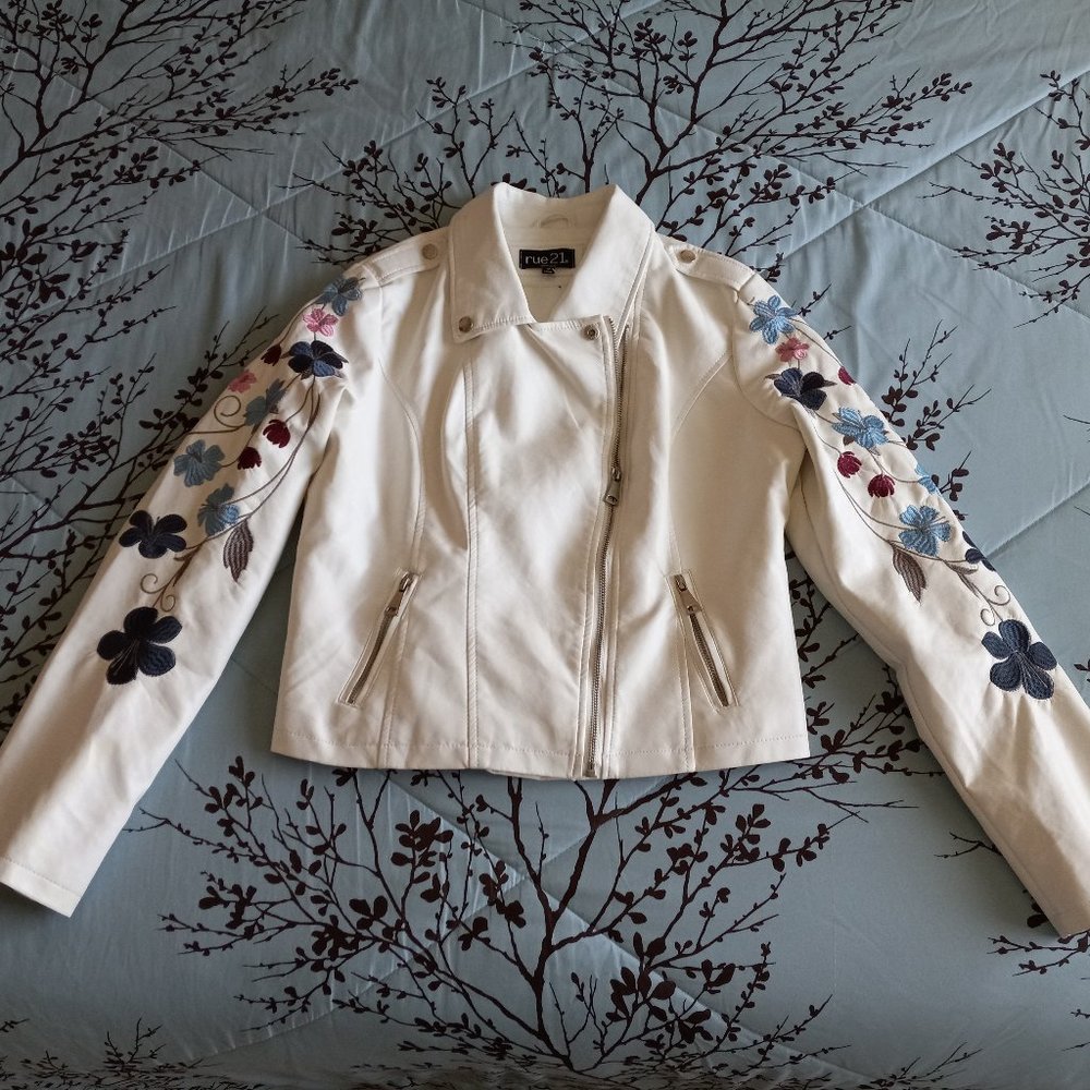 Floral Embroidered Faux Leather Jacket